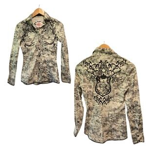 Roar Rafaela Cream Black Embellished Snap Up Western Shirt XS